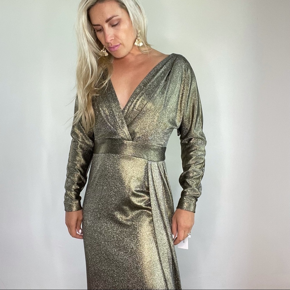 Teri Jon $570 Gold Shimmer Long Sleeve Gown w/Slit - Picture 14 of 16